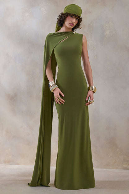Isdelia | Green Asymmetric-Neck Maxi Dress With Cape-Sleeve