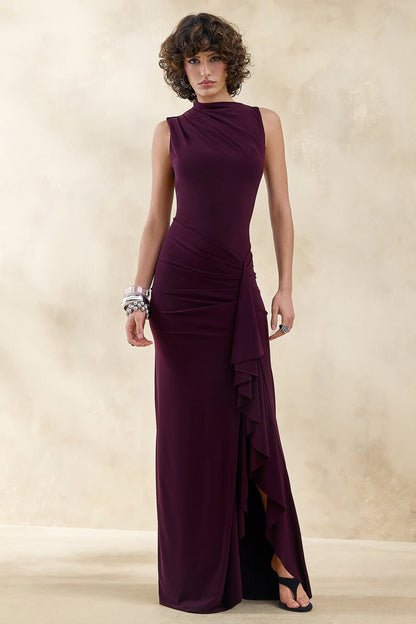 Helessia | Dark Plum Asymmetric-Neck Maxi Dress With Gathered-Detailing And Sash