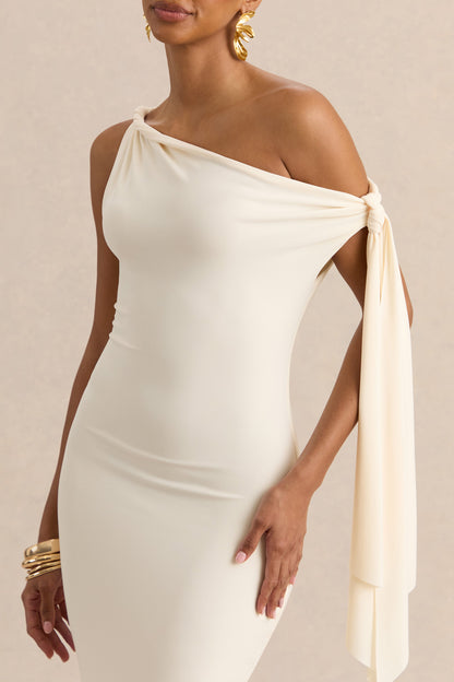 Arcelia | Cream Asymmetric-Neck Midi Dress With Knot-Sleeve Detail