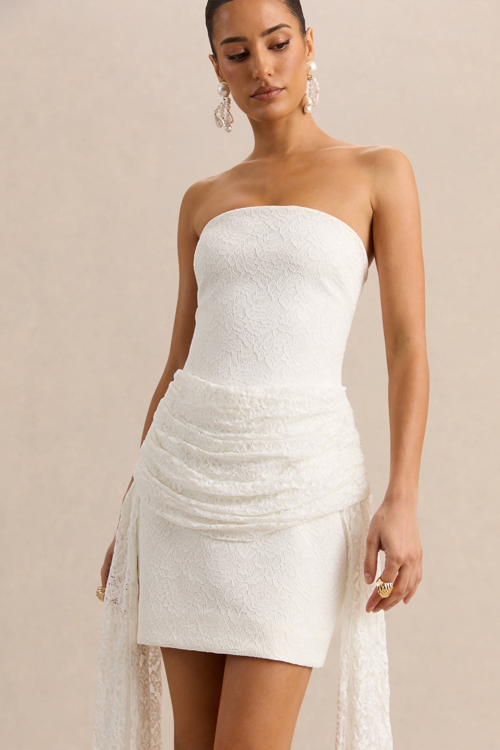 Sabrelle | White Bandeau-Neck Mini Dress With Draped-Detailing
