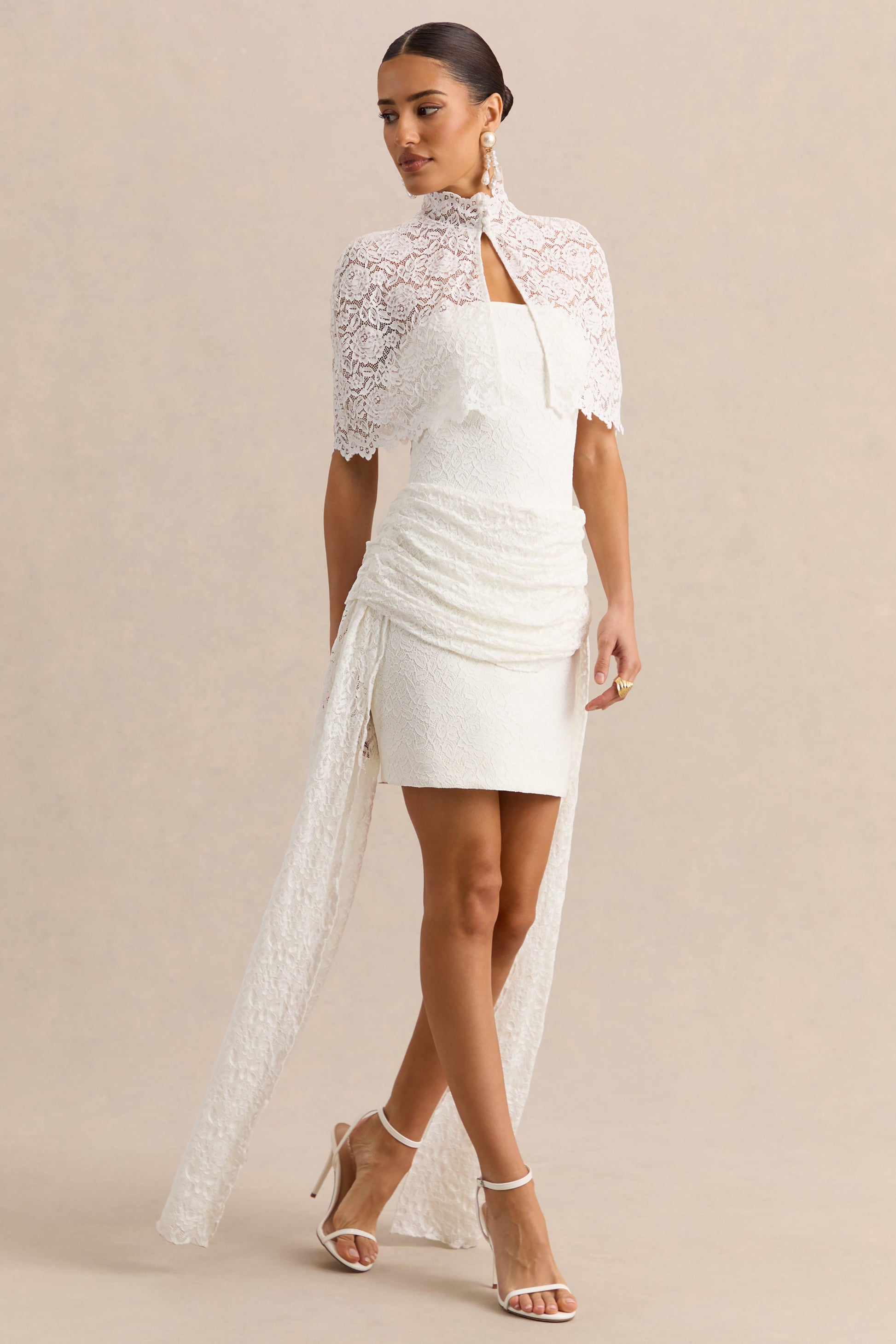 Sabrelle | White Bandeau-Neck Mini Dress With Draped-Detailing