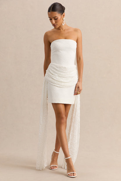 Sabrelle | White Bandeau-Neck Mini Dress With Draped-Detailing