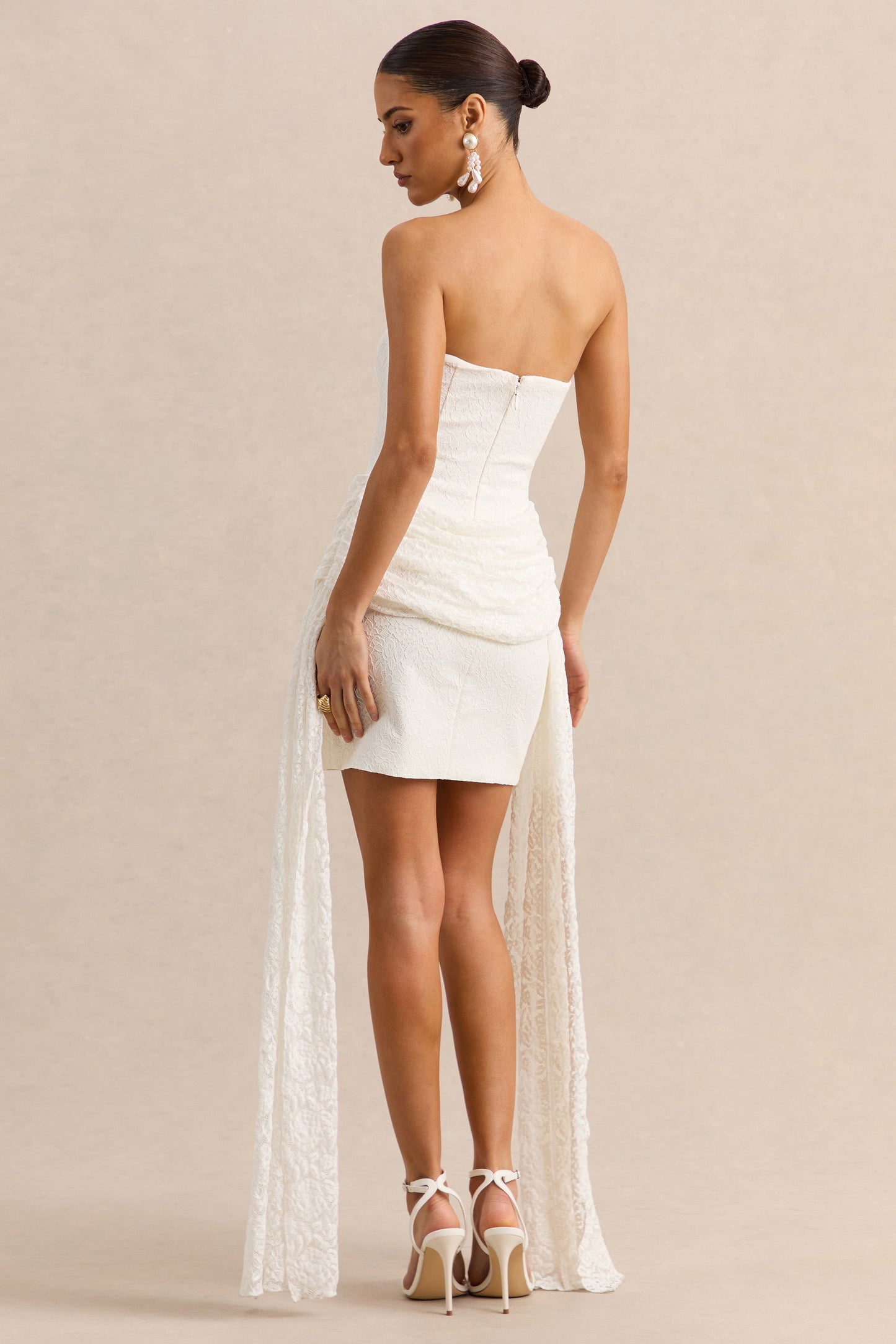Sabrelle | White Bandeau-Neck Mini Dress With Draped-Detailing