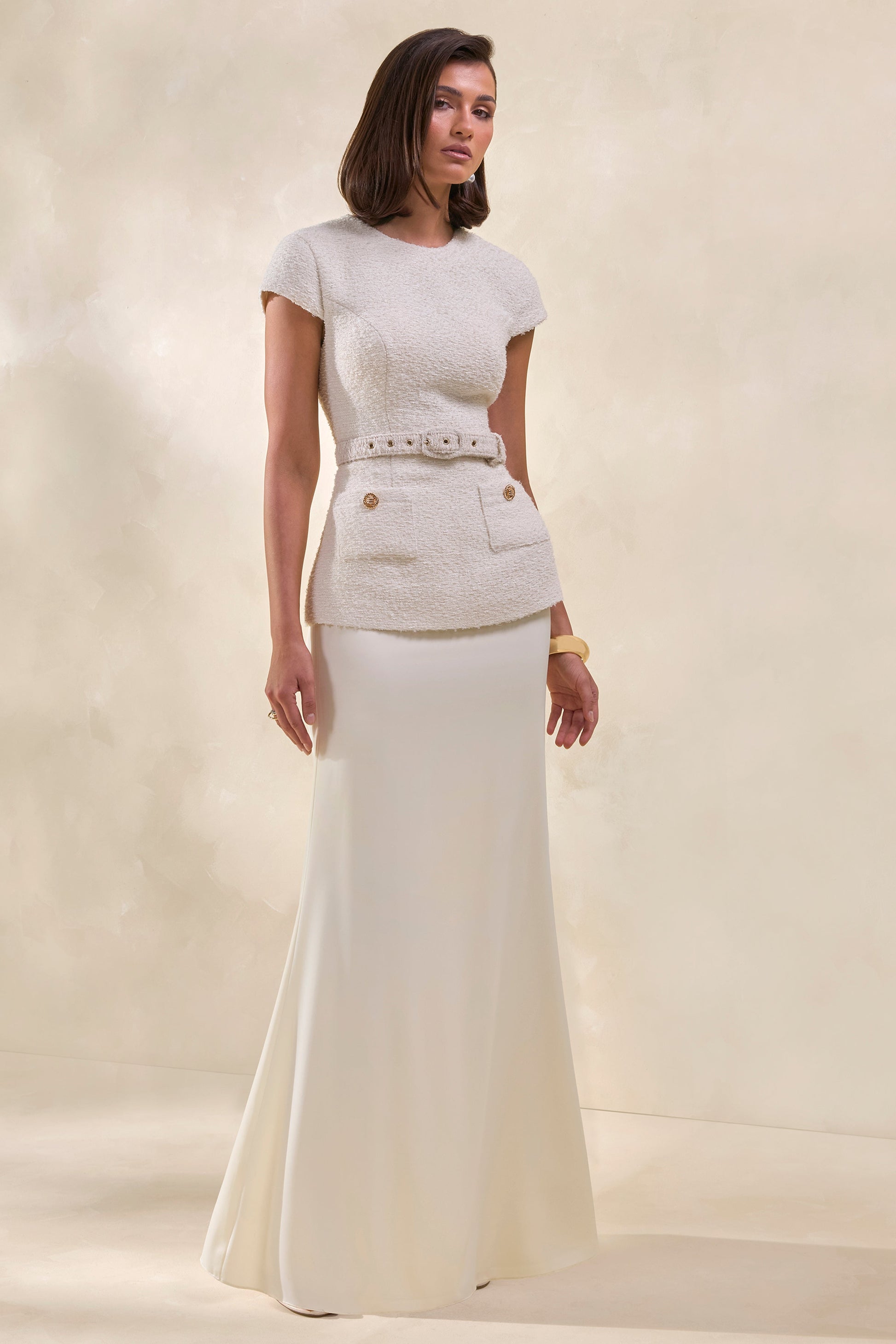 Whispera | Cream Crew-Neck Maxi Dress With Satin Skirt And Pocket-Details