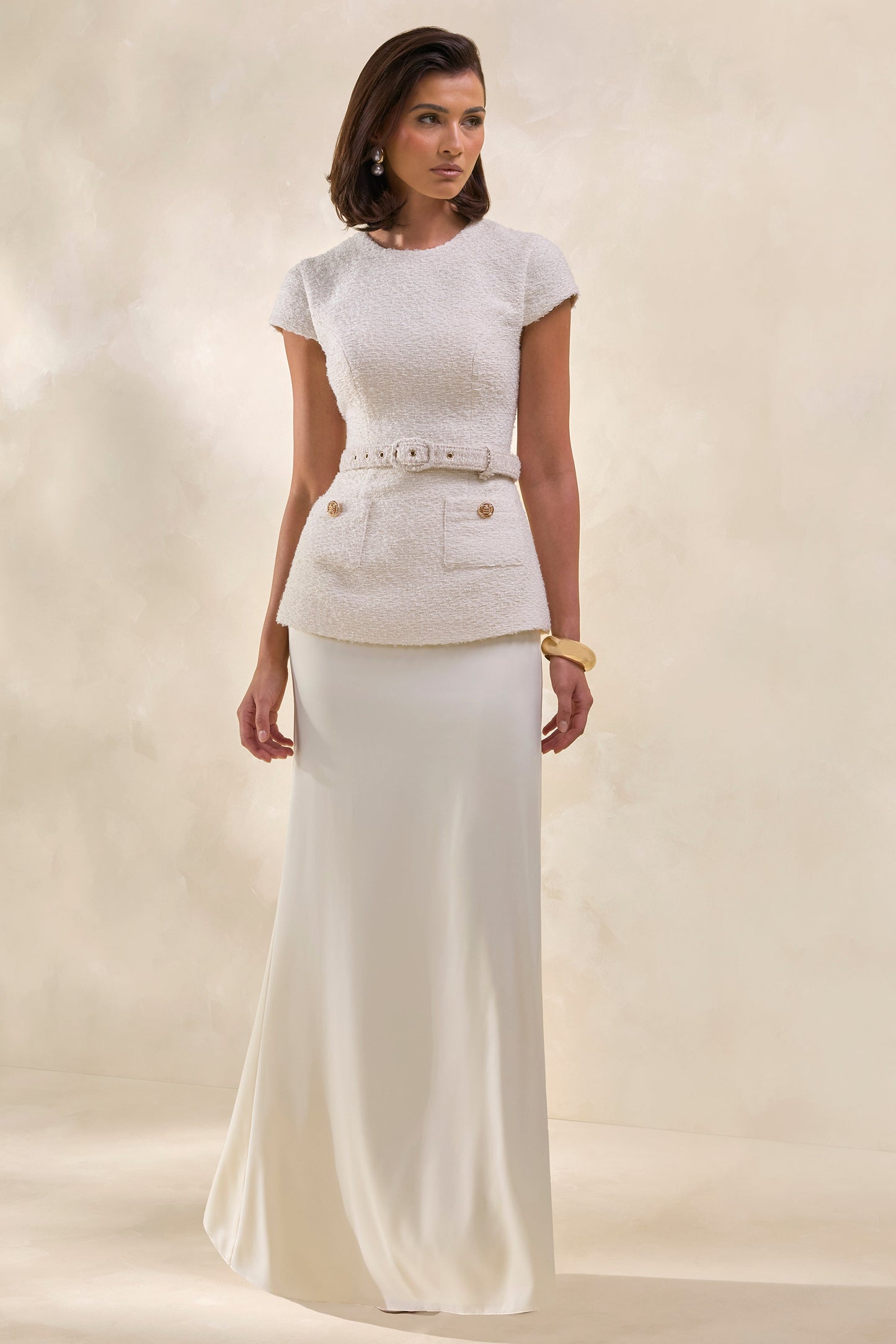 Whispera | Cream Crew-Neck Maxi Dress With Satin Skirt And Pocket-Details