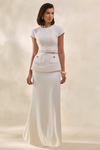 Whispera | Cream Crew-Neck Maxi Dress With Satin Skirt And Pocket-Details