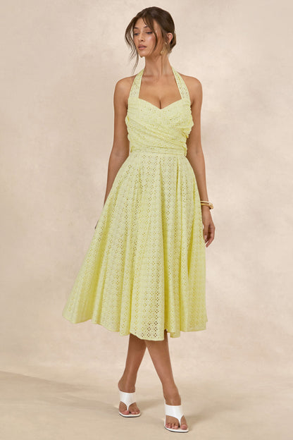 Naz | Lemon Broderie Halter-Neck Midi Dress