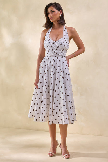 Franceline | Cream & Brown Polka-Dot Halter-Neck Midi-Dress