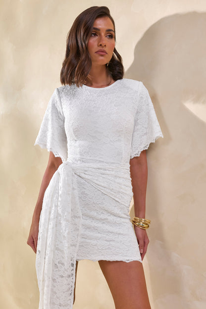 Empressa | White Lace Round-Neck Mini Dress With Wrap-Detail