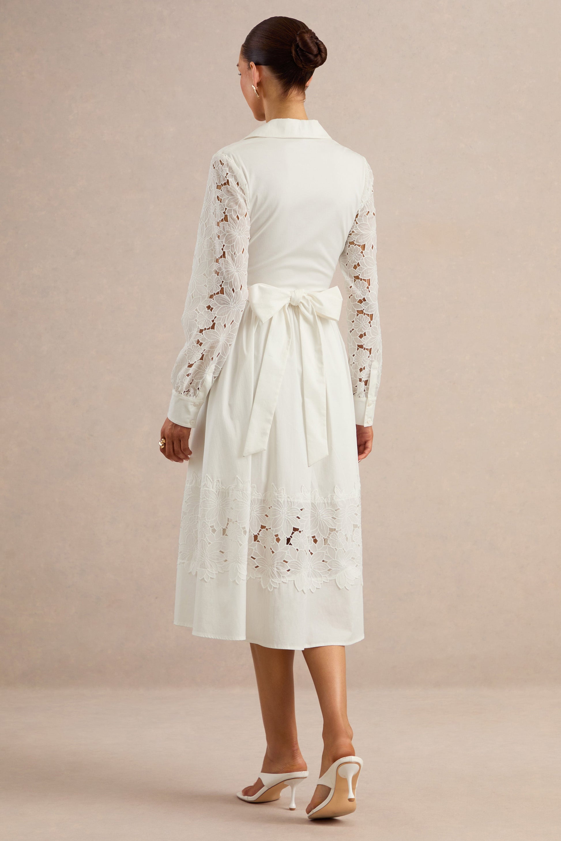 Zalynne | White Broderie Collared-Neck Midi Dress