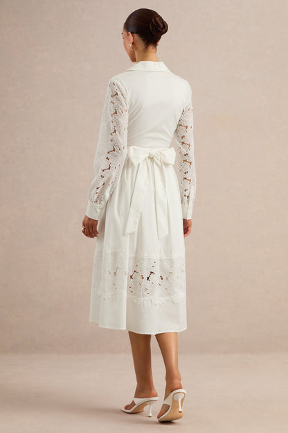 Zalynne | White Broderie Collared-Neck Midi Dress