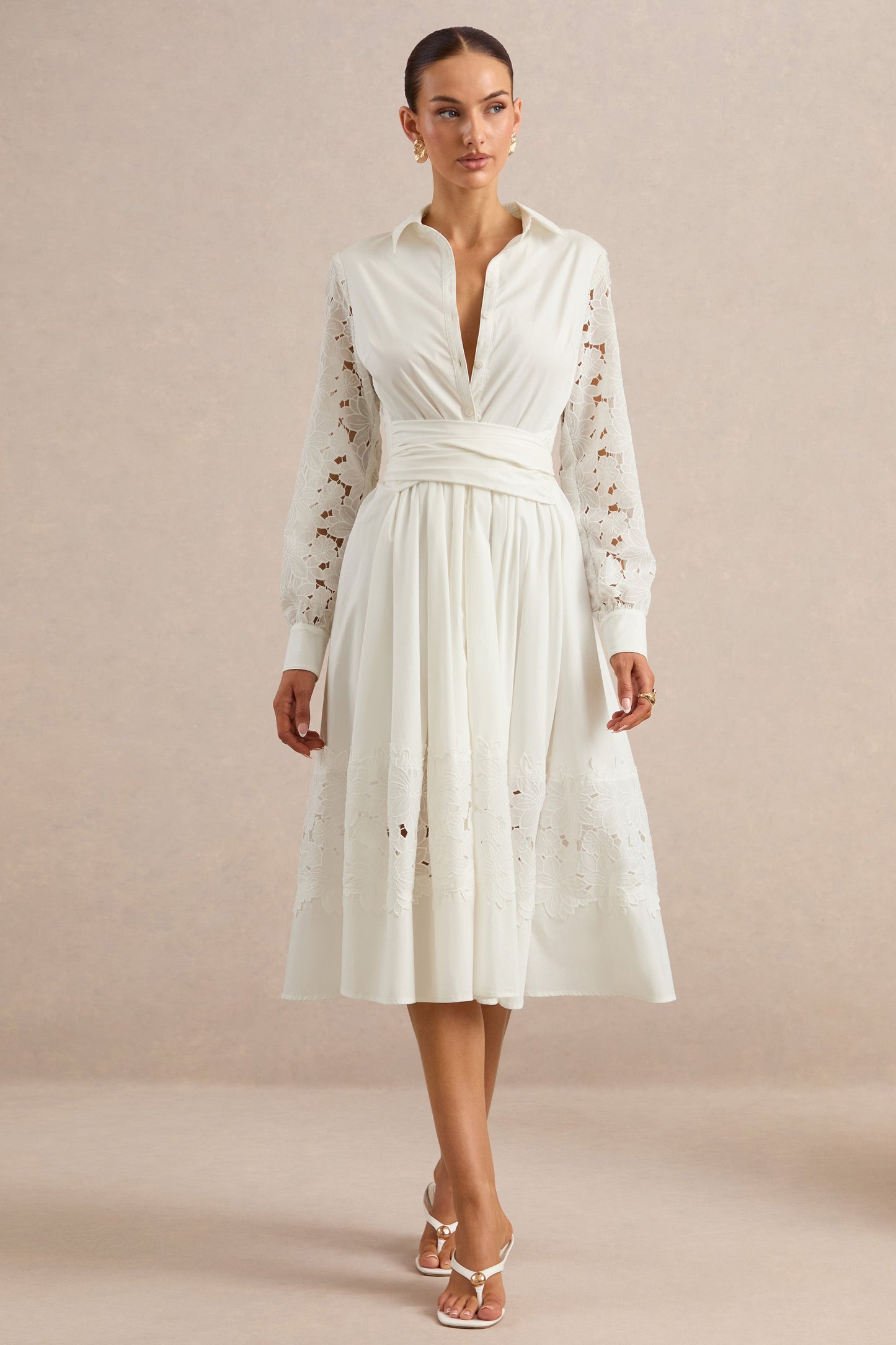 Zalynne | White Broderie Collared-Neck Midi Dress