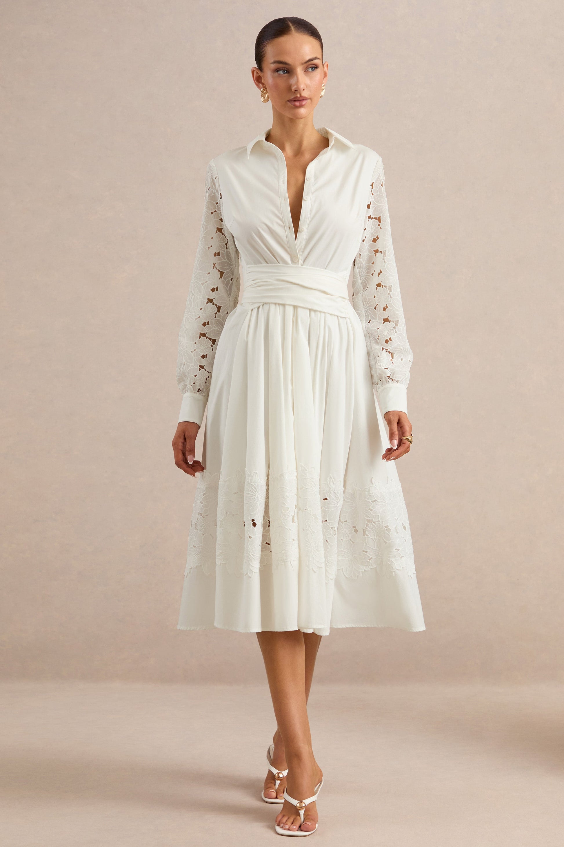 Zalynne | White Broderie Collared-Neck Midi Dress