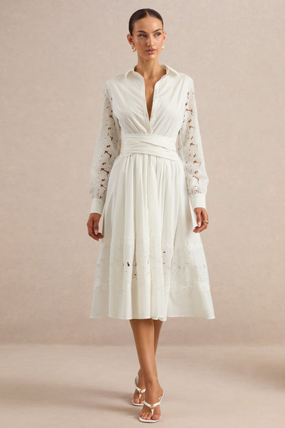 Zalynne | White Broderie Collared-Neck Midi Dress