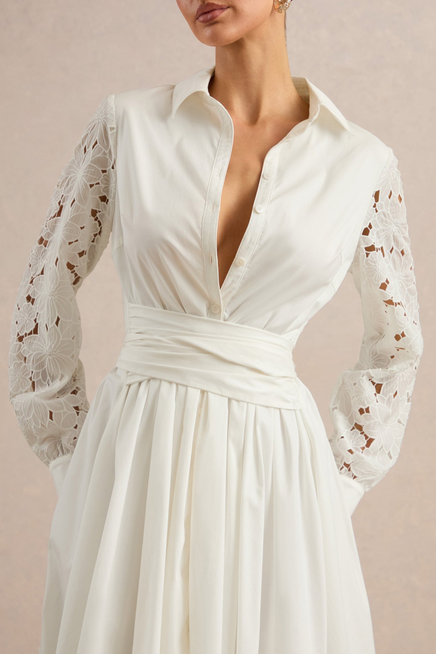 Zalynne | White Broderie Collared-Neck Midi Dress