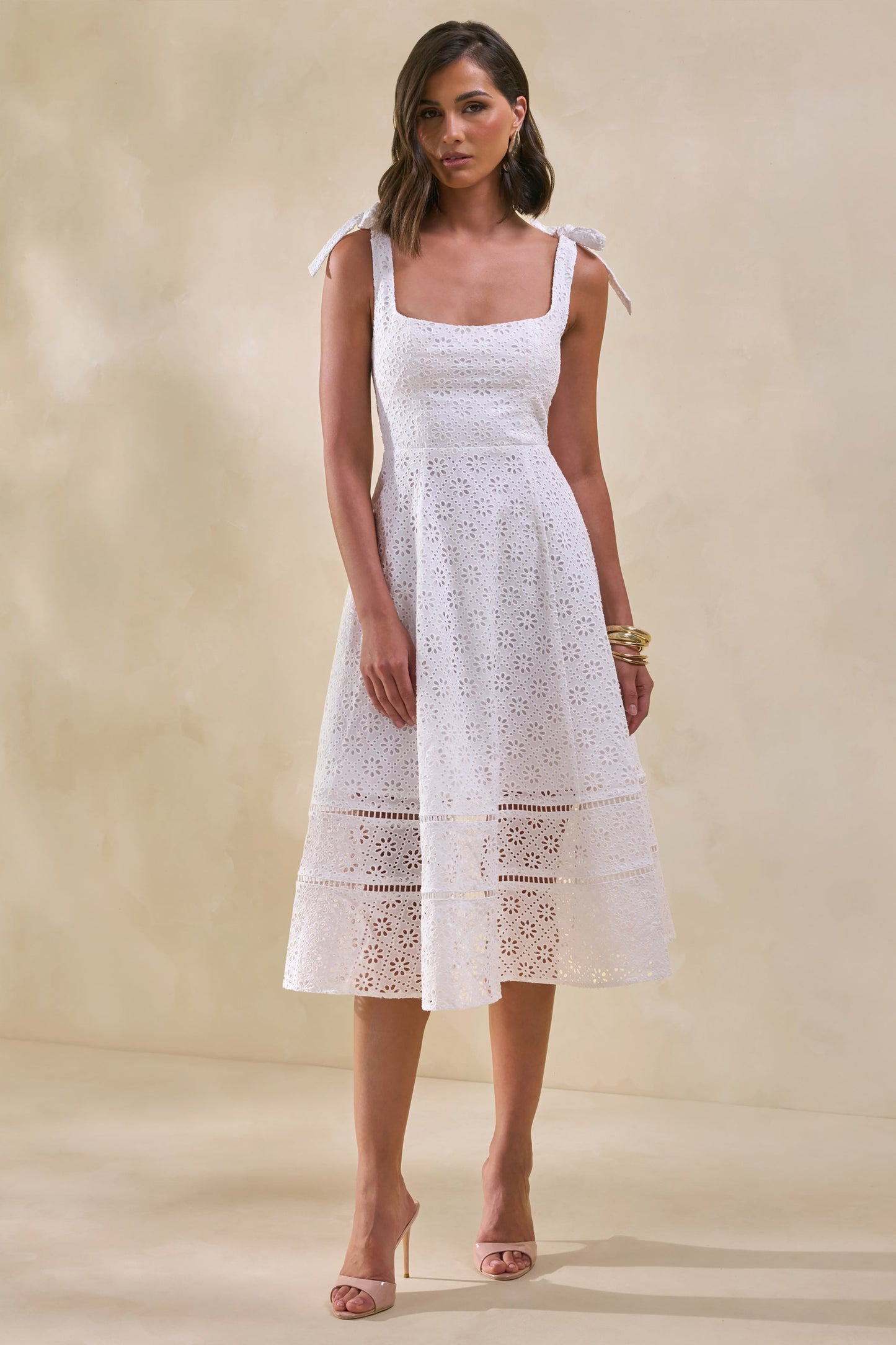 Veralia | White Broderie Square-Neck Midi-Dress With Bow-Sleeves