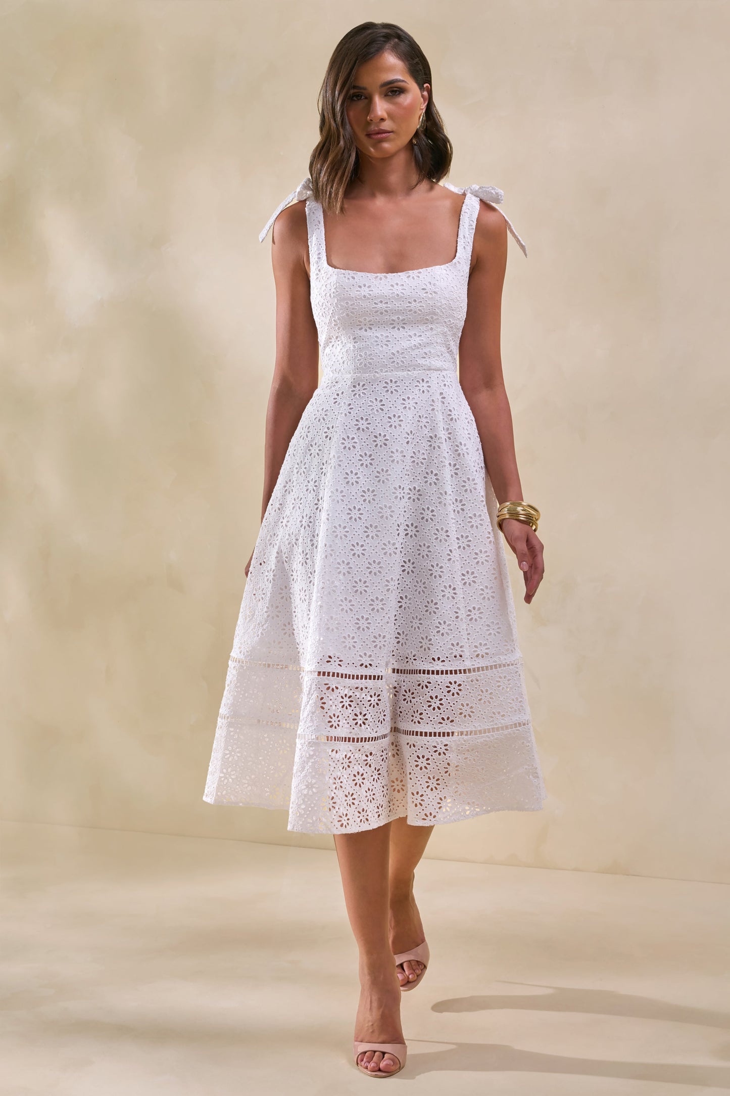 Veralia | White Broderie Square-Neck Midi-Dress With Bow-Sleeves