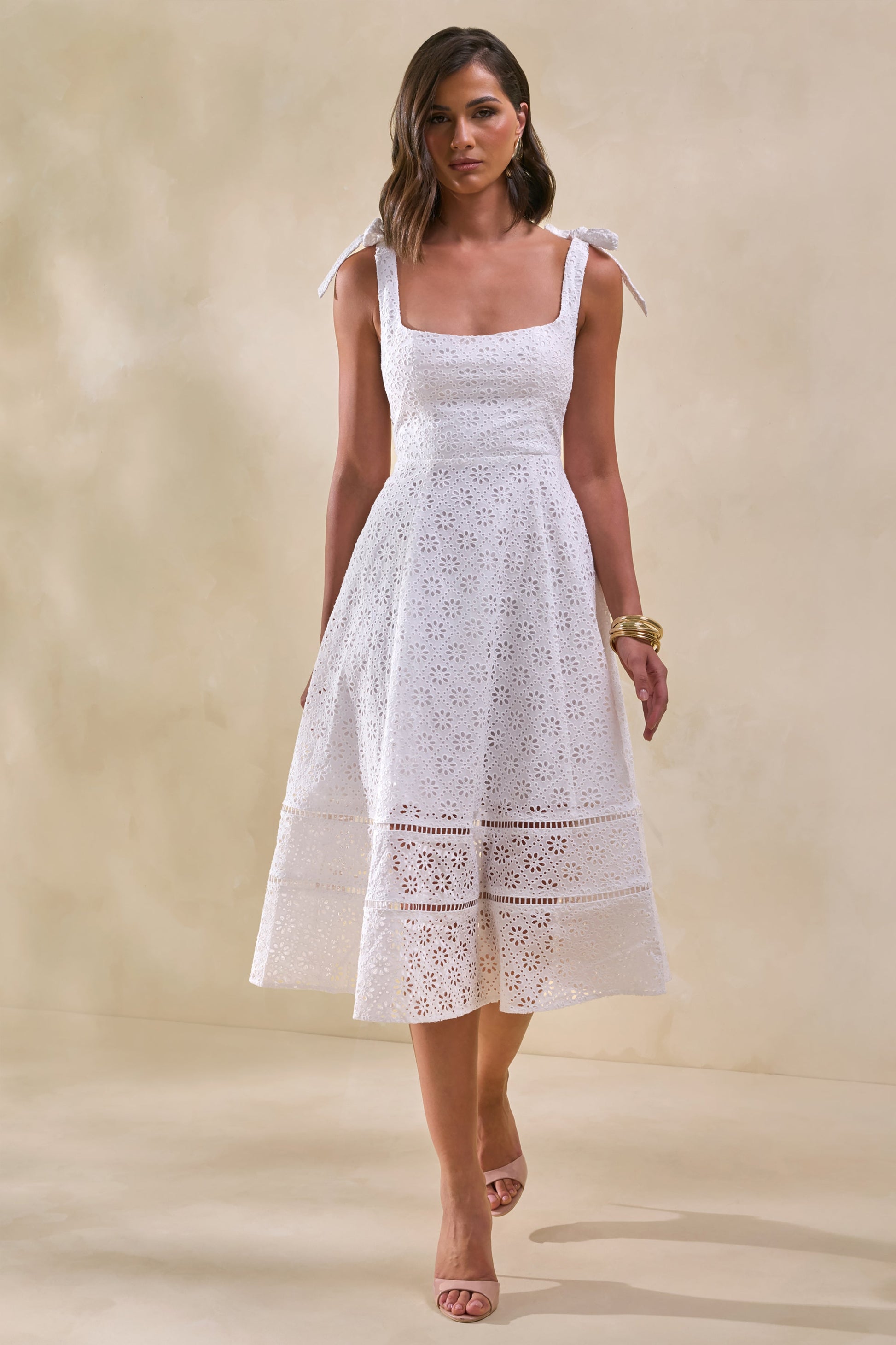 Veralia | White Broderie Square-Neck Midi-Dress With Bow-Sleeves