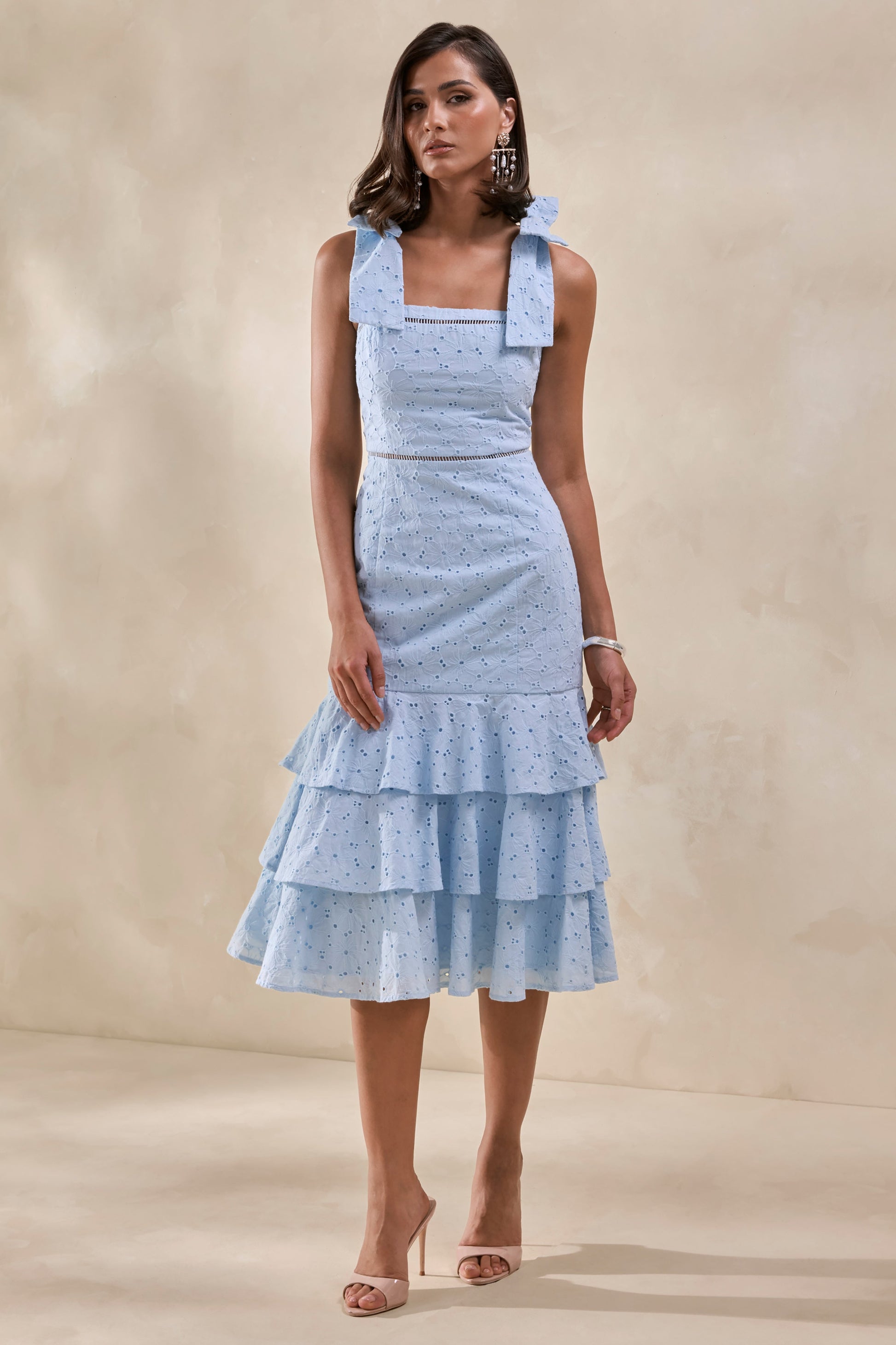 Velissia | Blue Broderie Square-Neck Midi Dress With Bow-Sleeves And Ruffled-Hem