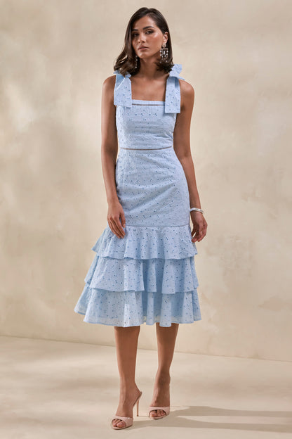 Velissia | Blue Broderie Square-Neck Midi Dress With Bow-Sleeves And Ruffled-Hem