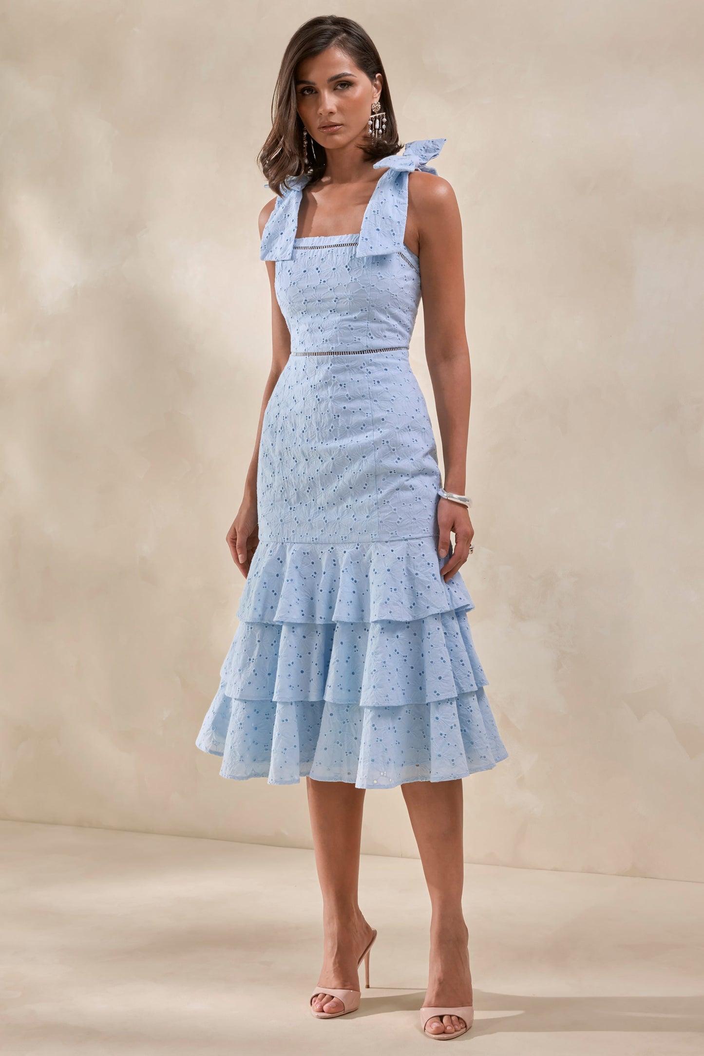 Velissia | Blue Broderie Square-Neck Midi Dress With Bow-Sleeves And Ruffled-Hem