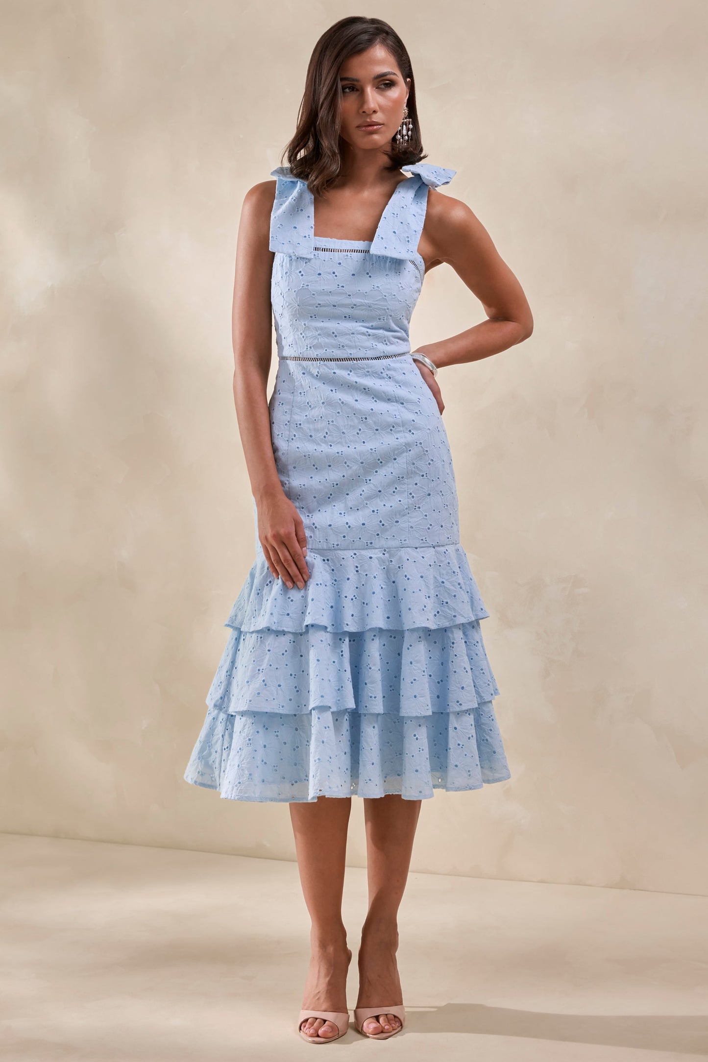 Velissia | Blue Broderie Square-Neck Midi Dress With Bow-Sleeves And Ruffled-Hem