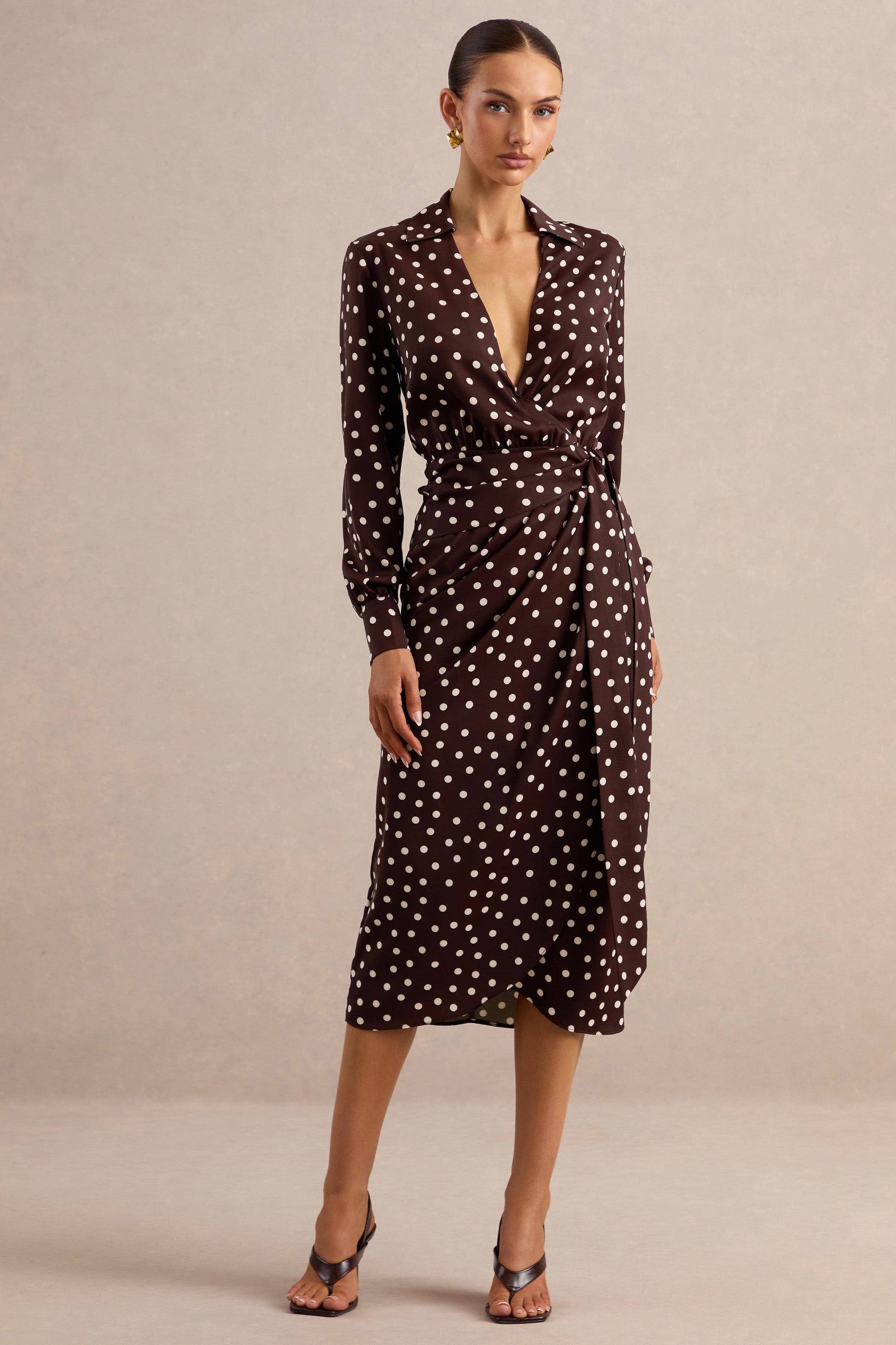 Amarosia | Brown Polka-Dot Wrap Shirt Midi-Dress