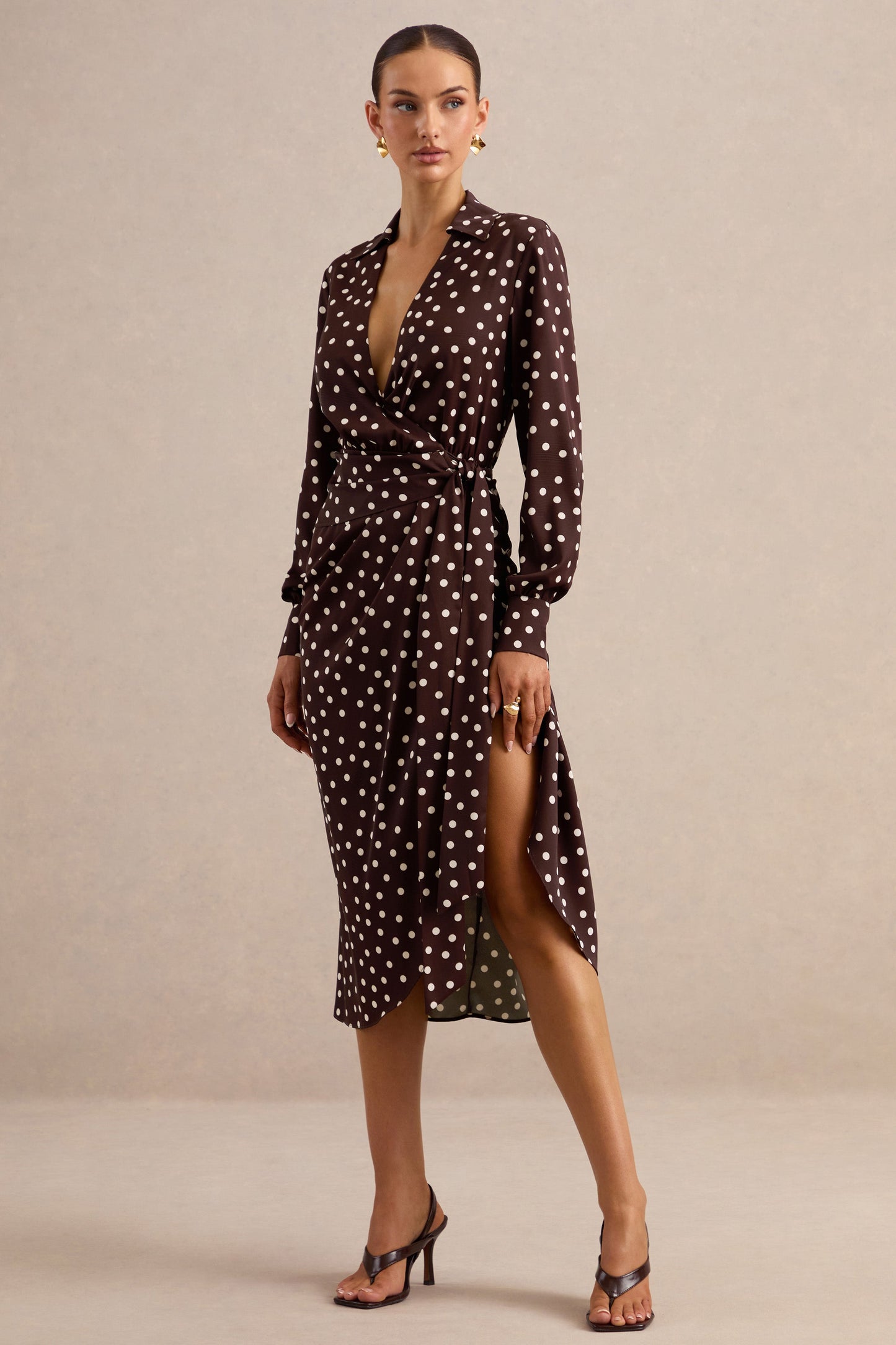 Amarosia | Brown Polka-Dot Wrap Shirt Midi-Dress