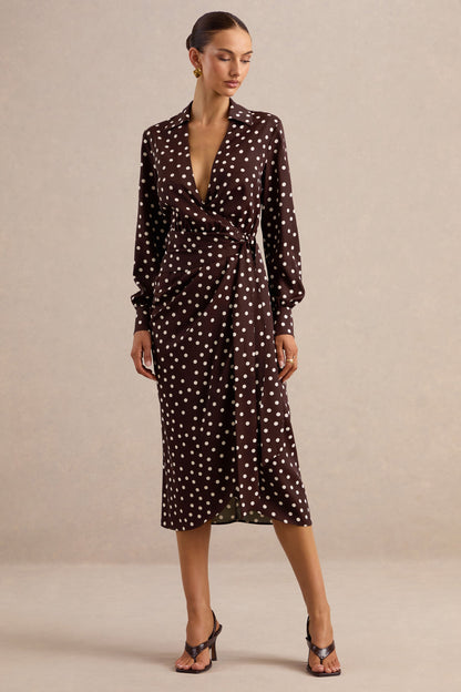 Amarosia | Brown Polka-Dot Wrap Shirt Midi-Dress