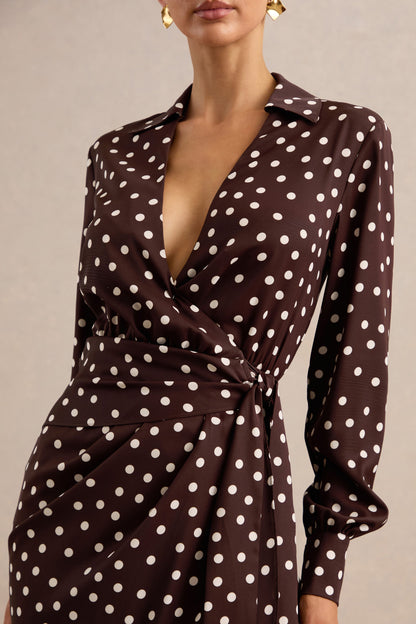 Amarosia | Brown Polka-Dot Wrap Shirt Midi-Dress