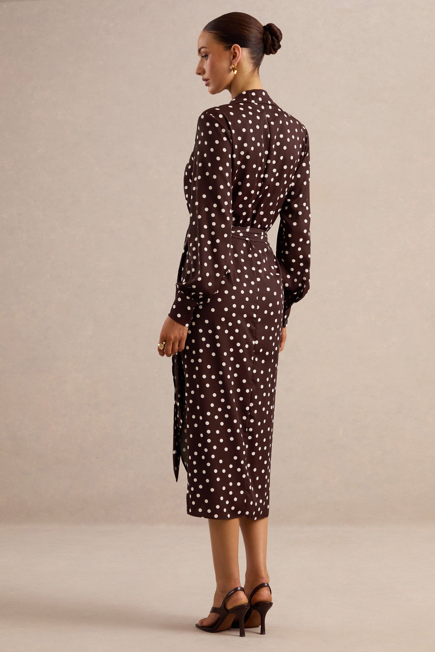 Amarosia | Brown Polka-Dot Wrap Shirt Midi-Dress