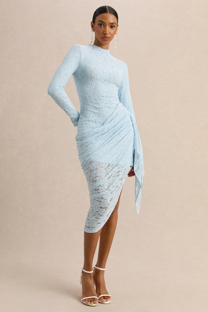 Laureline | Powder Blue Lace Crew-Neck Midi Dress With Draped-Detail And Asymmetric-Hem