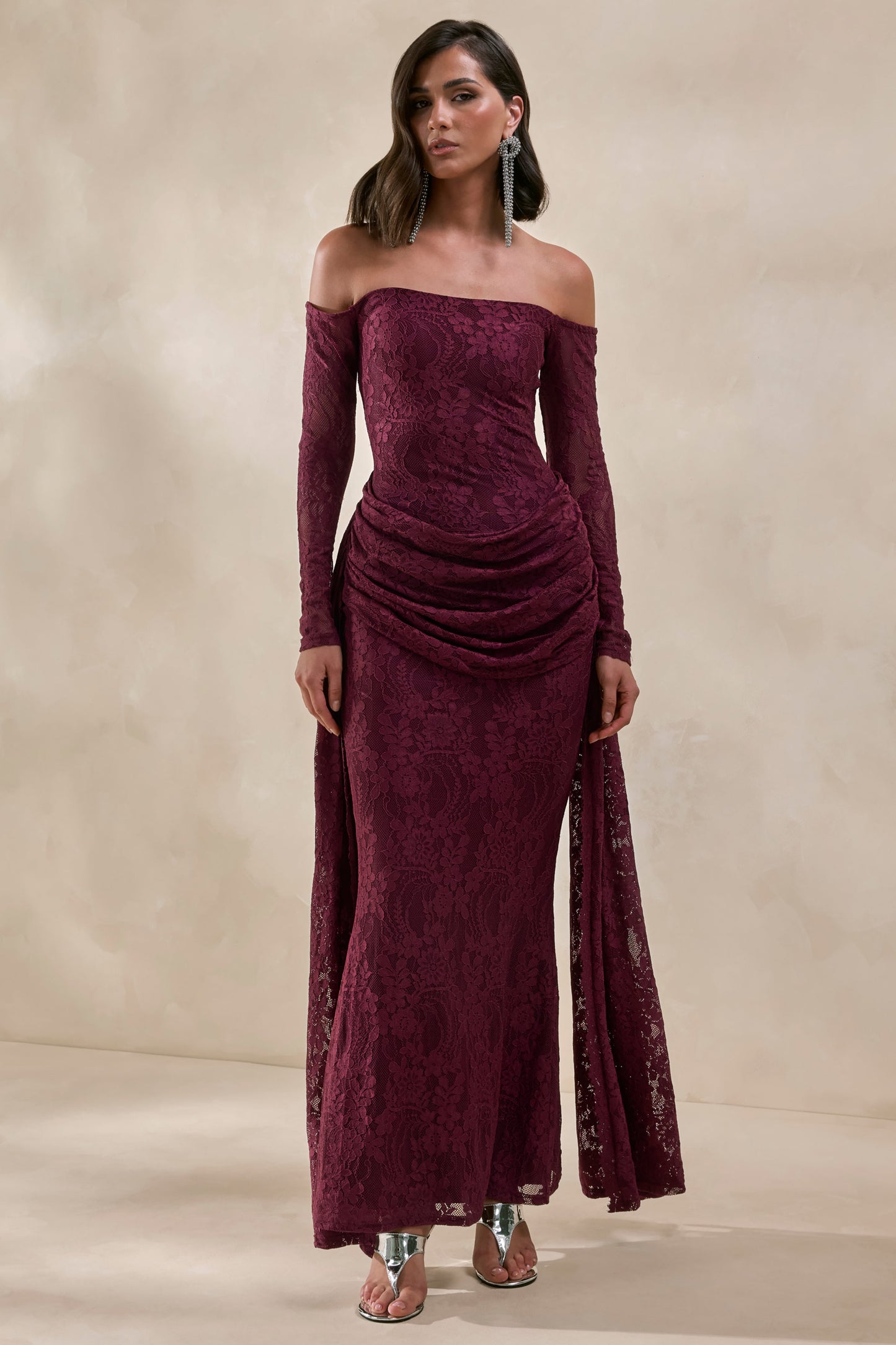 Parisse | Burgundy Lace Bardot-Neck Maxi Dress With Draped-Detailing
