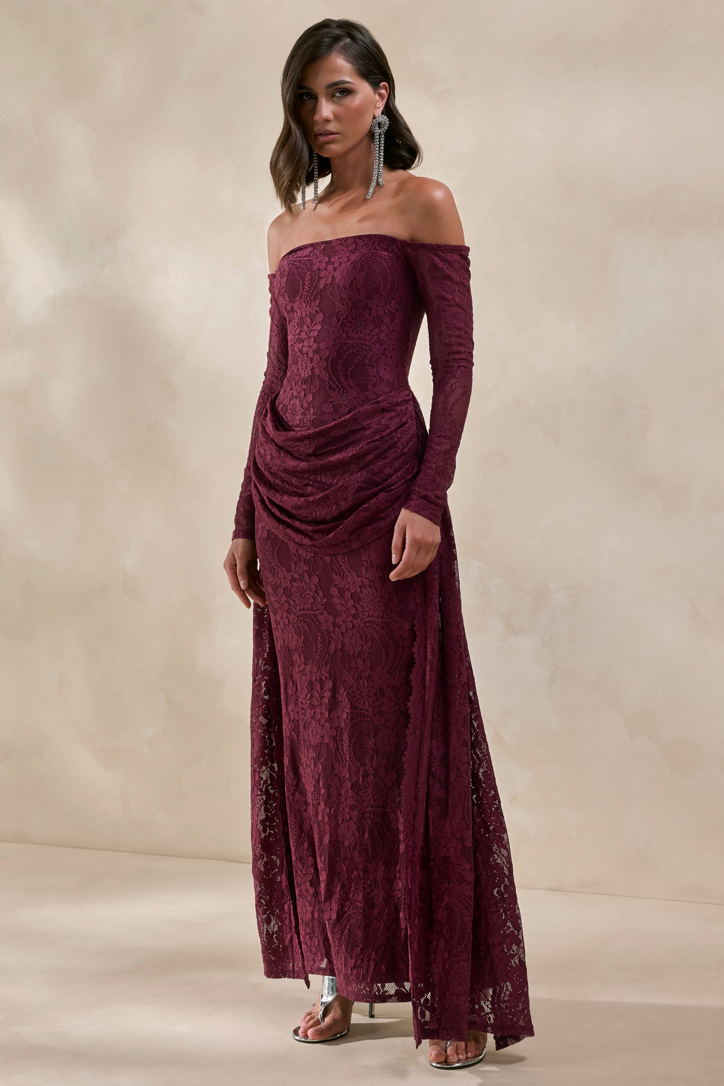 Parisse | Burgundy Lace Bardot-Neck Maxi Dress With Draped-Detailing