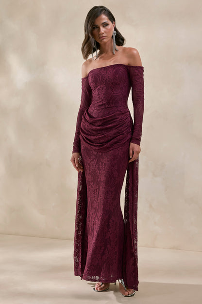 Parisse | Burgundy Lace Bardot-Neck Maxi Dress With Draped-Detailing