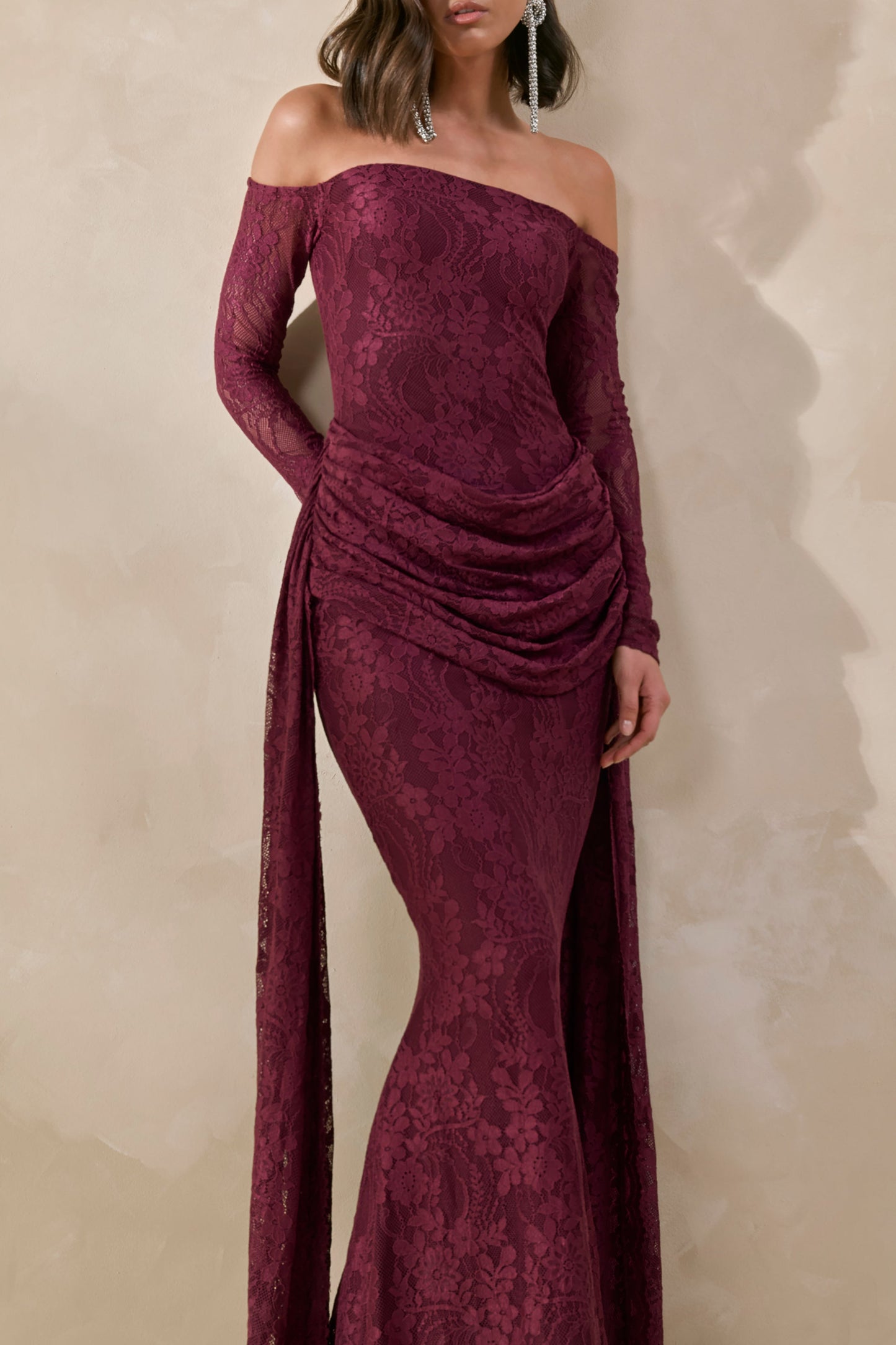 Parisse | Burgundy Lace Bardot-Neck Maxi Dress With Draped-Detailing