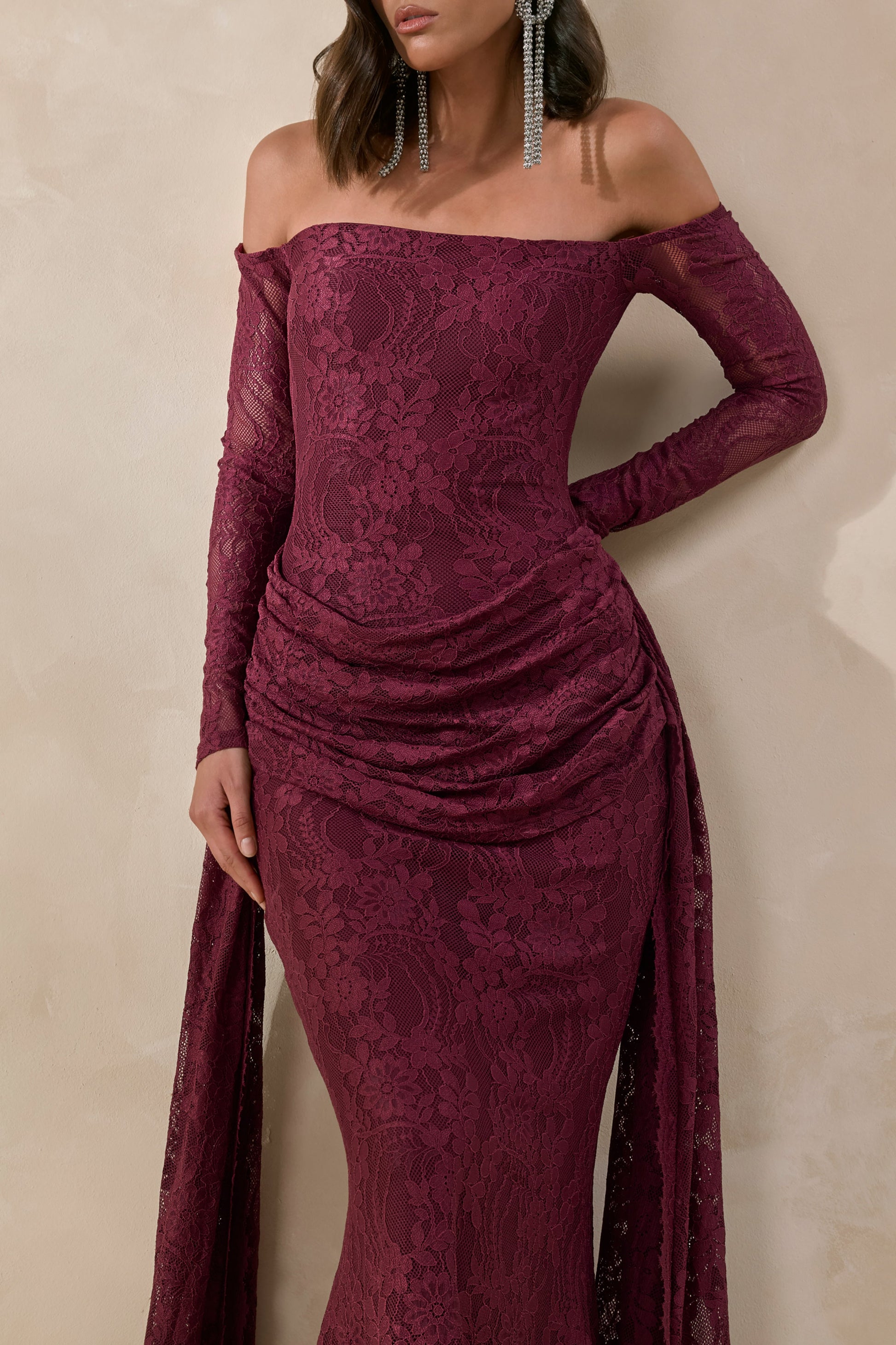 Parisse | Burgundy Lace Bardot-Neck Maxi Dress With Draped-Detailing