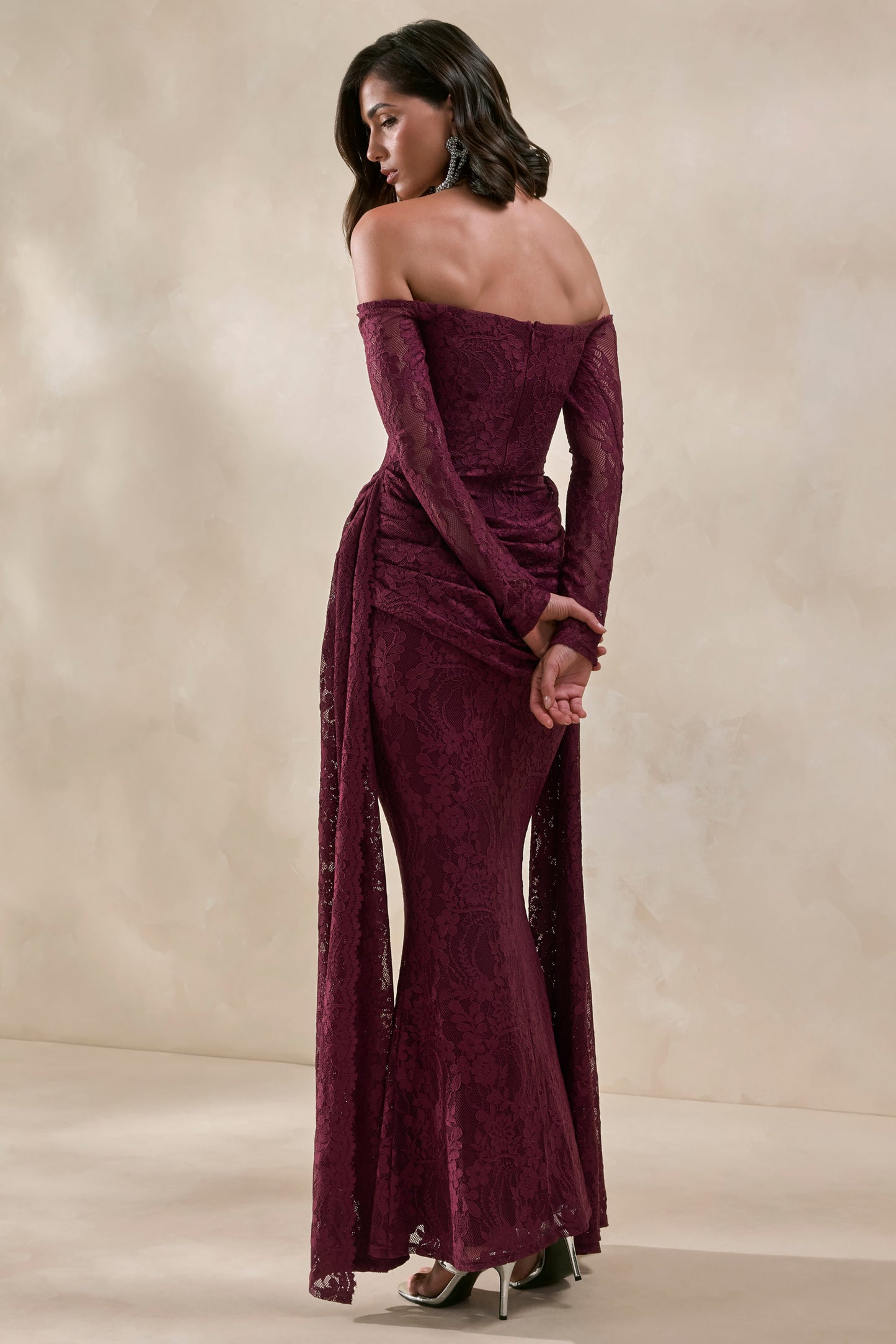 Parisse | Burgundy Lace Bardot-Neck Maxi Dress With Draped-Detailing