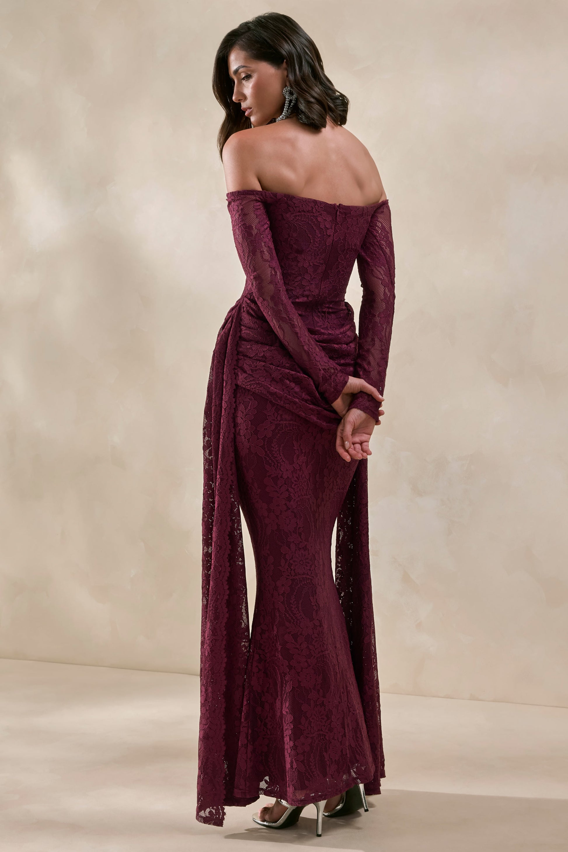 Parisse | Burgundy Lace Bardot-Neck Maxi Dress With Draped-Detailing