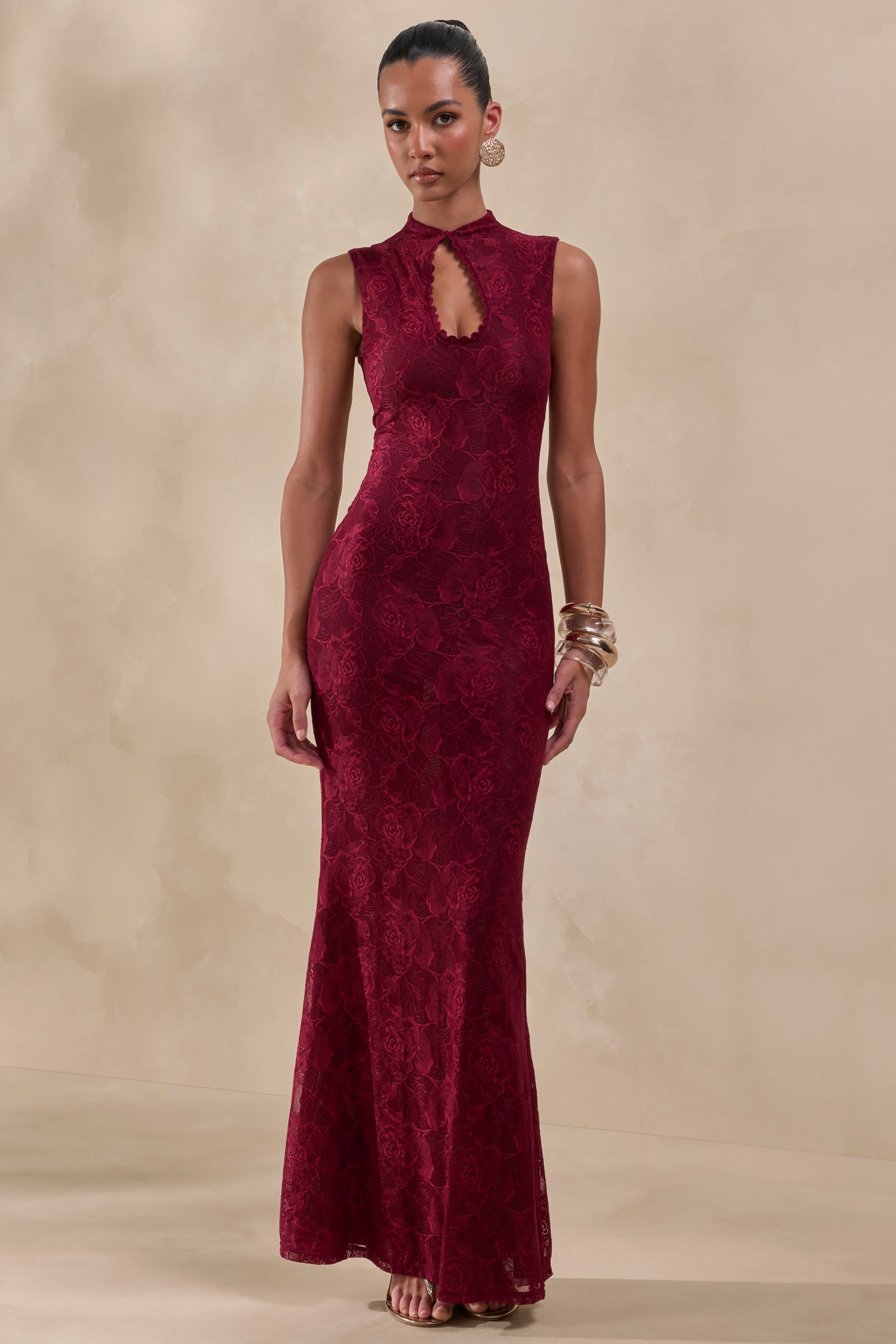 Ravissa | Burgundy Sheer Lace High-Neck Maxi Dress