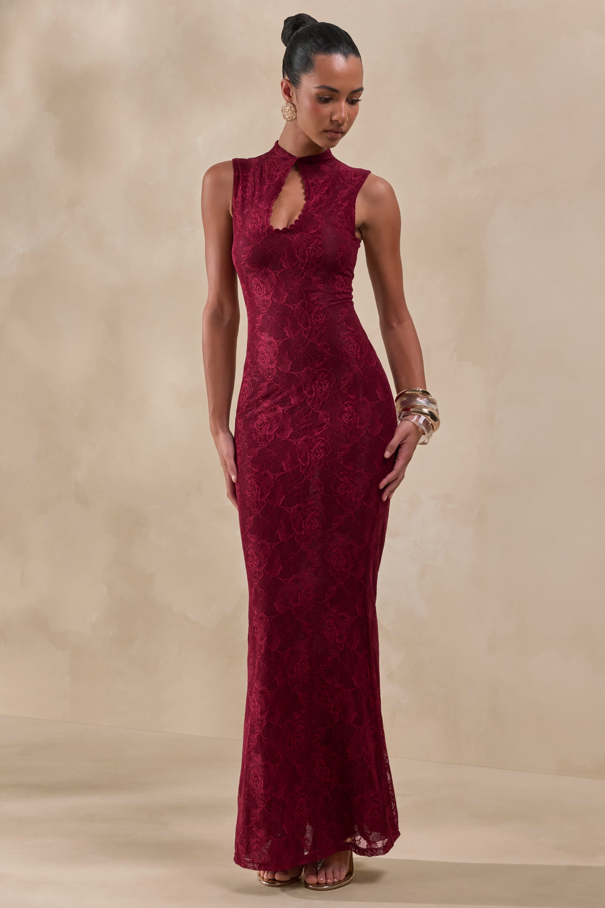 Ravissa | Burgundy Sheer Lace High-Neck Maxi Dress