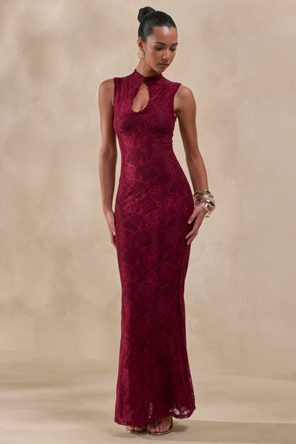 Ravissa | Burgundy Sheer Lace High-Neck Maxi Dress