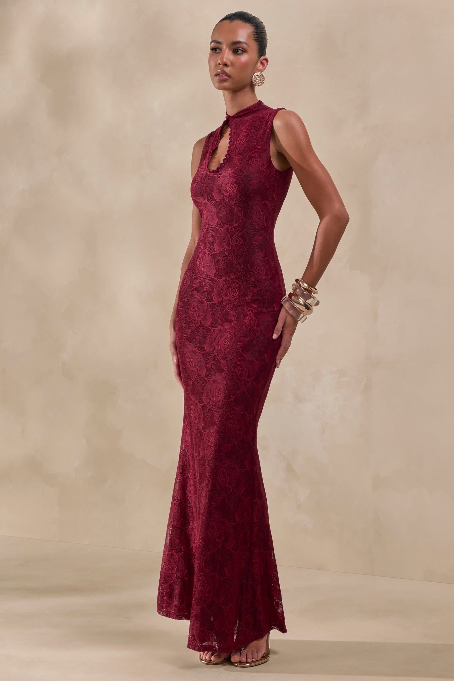 Ravissa | Burgundy Sheer Lace High-Neck Maxi Dress