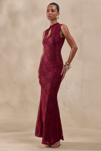 Ravissa | Burgundy Sheer Lace High-Neck Maxi Dress