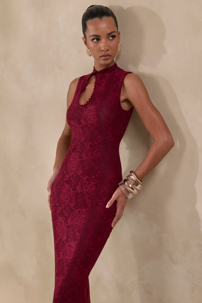 Ravissa | Burgundy Sheer Lace High-Neck Maxi Dress