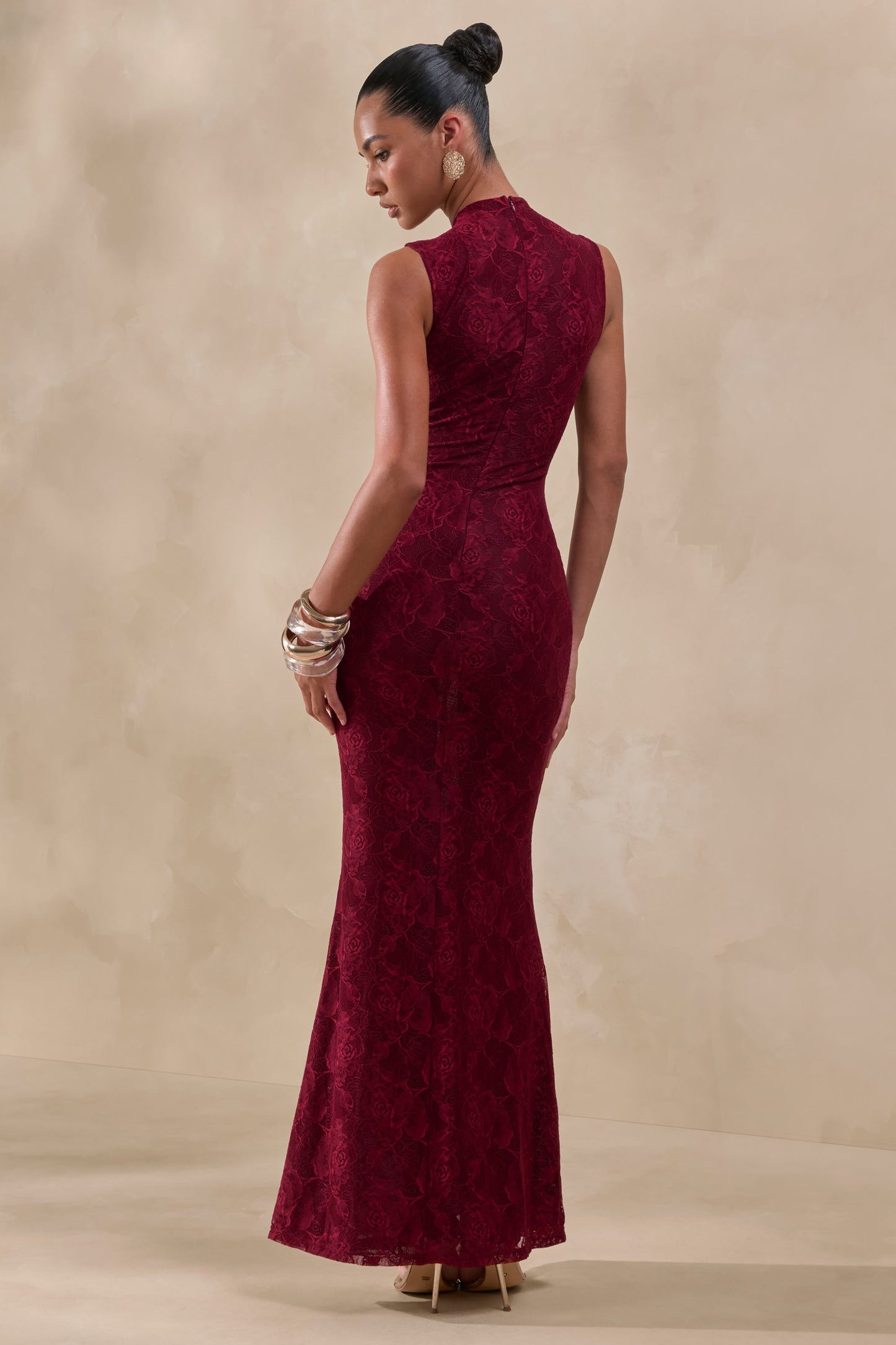 Ravissa | Burgundy Sheer Lace High-Neck Maxi Dress