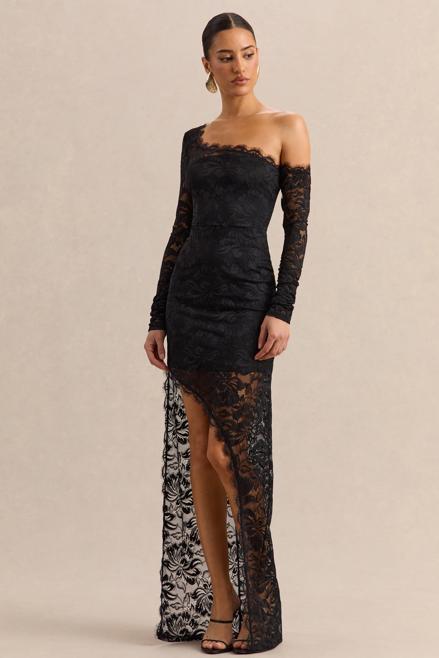 Orlania | Black Lace Asymmetric-Neck Maxi Dress With Asymmetric-Hem