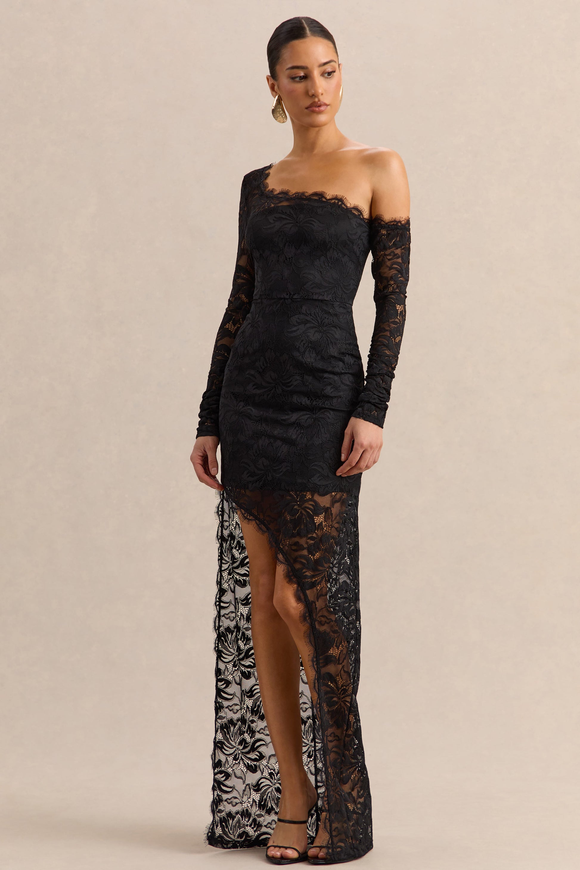 Orlania | Black Lace Asymmetric-Neck Maxi Dress With Asymmetric-Hem