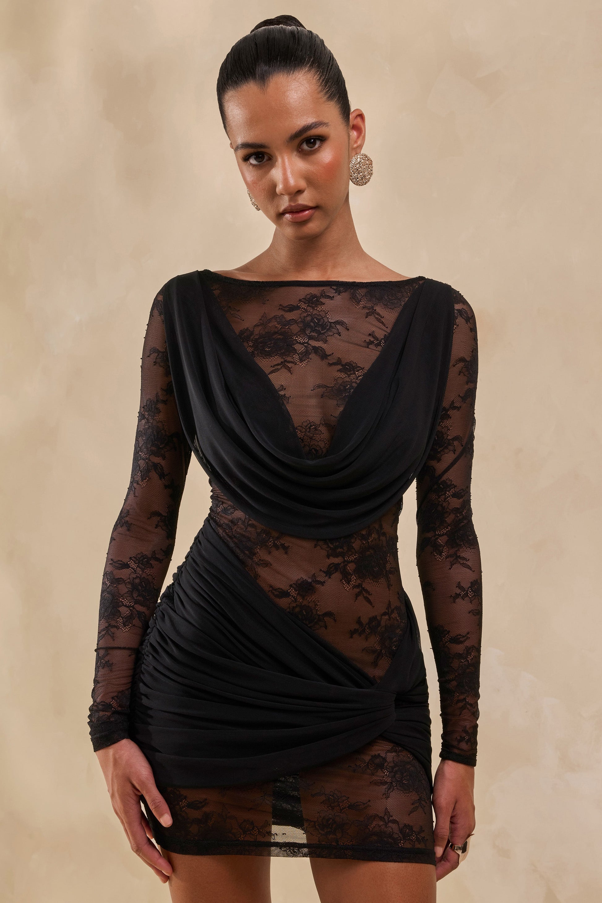 Olaria | Black Lace Bardot-Neck Mini Dress With Gathered-Detailing