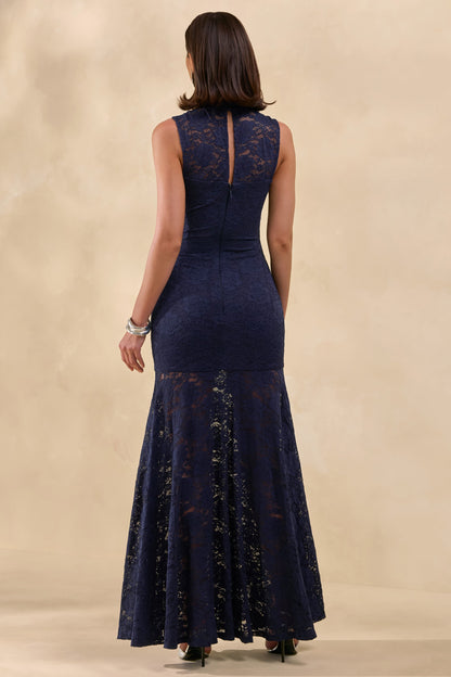 Esalyn | Navy Lace High-Neck Maxi Dress With Sheer-Skirt